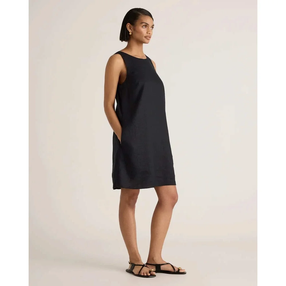 Quince European Linen Tank Mini Dress Black Sleeveless Shift Pockets Medium NWT